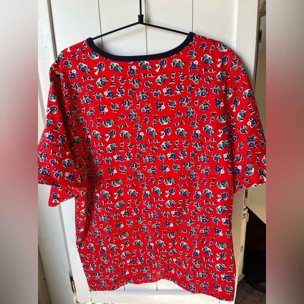 Draper James Coral Floral Ruffle Sleeve Blouse with Navy Trim - Picture 6 of 9